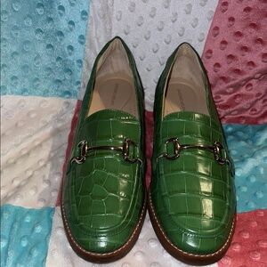 Green Croc-Embossed Leather Loafers with Gold Bit